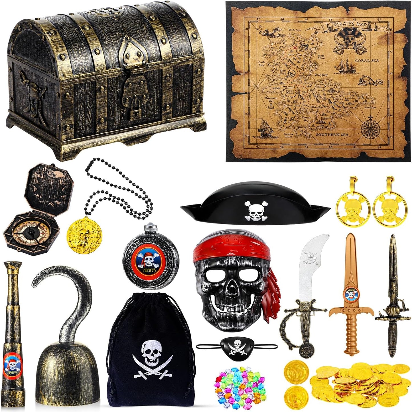 116 Pieces Pirate Treasure Toys, Pirate Treasure Box with Coins Jewels Gems and Pirate Map Compass Telescope for Boy Girl Halloween Cosplay Props Pirate Theme Party Decoration Favor (Cute Style)