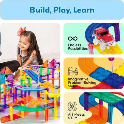 PicassoTiles 50pc Racecar Track Magnetic Tiles Educational Kids Toy with 2 Light Up Trucks STEM Preschool Learning Magnet Tile Toddler Toys Boys Girls Ages 3+ Blocks Game Puzzles Build Playset PTR50