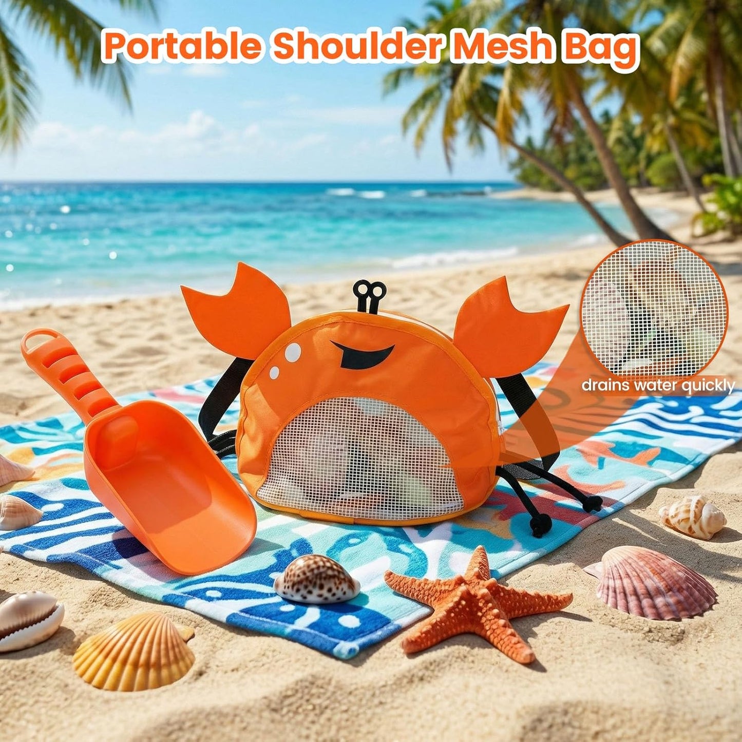 AMOR PRESENT Mesh Baby Beach Bag, Shell Collecting Bag with Shovel Crab-Shaped Adjustable Strap for Holding Shell Sea Pool Sand Toy, Blue