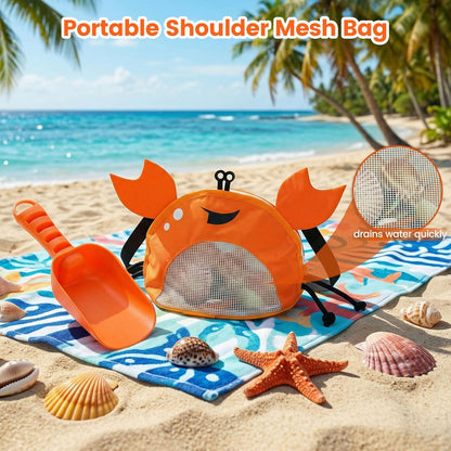 AMOR PRESENT Mesh Baby Beach Bag, Shell Collecting Bag with Shovel Crab-Shaped Adjustable Strap for Holding Shell Sea Pool Sand Toy, Blue