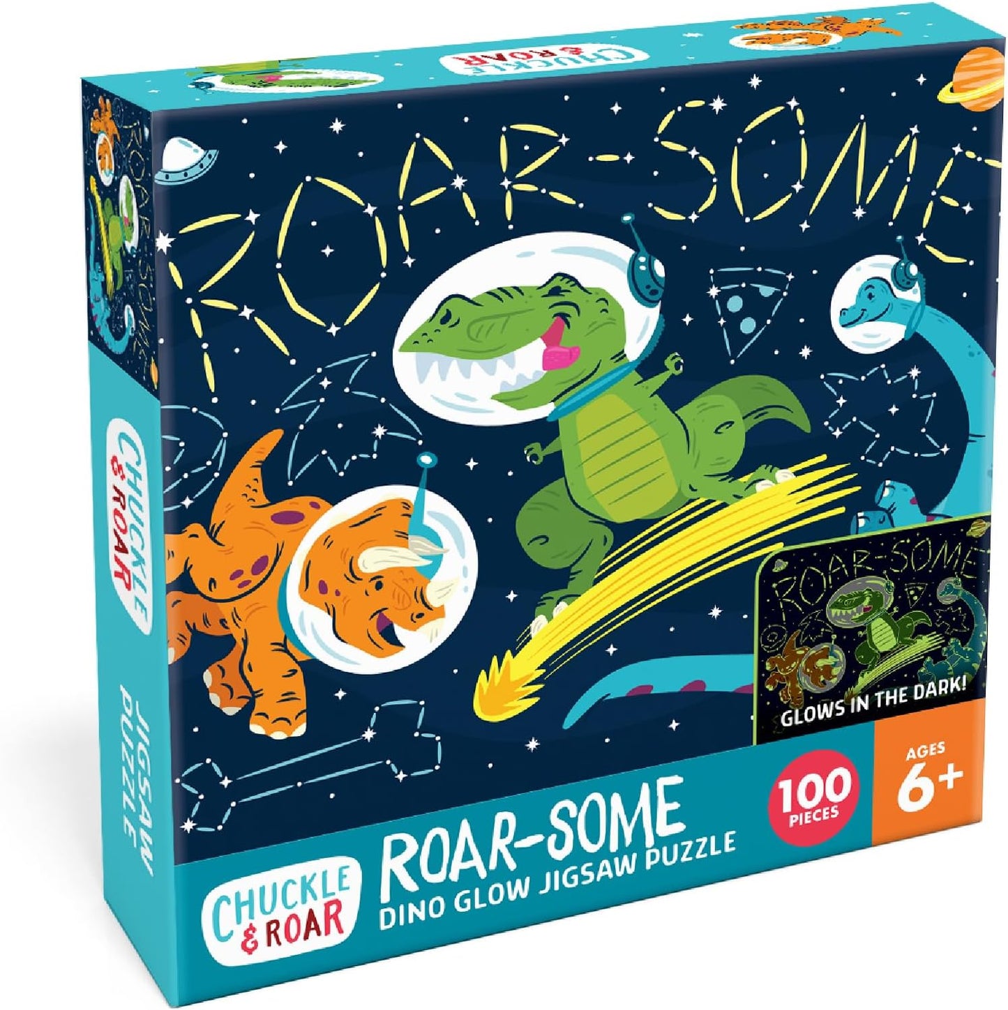 Chuckle & Roar - Roar-Some Glow in The Dark Jigsaw Puzzle for Kids - 100 Piece Educational Space Dino Puzzle - Ages 6+ - Fun Learning, Fine Motor Skills, Screen Free Activity