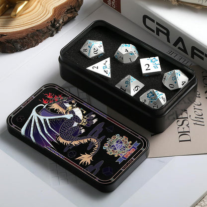 DnDnD Heavy Polyhedral Metal Dice Set with Metal Box, 7-die Shiny Blue Surface with Golden Number for RPG,Dungeons and Dragons,Pathfinder,Shadowrun,D&D,Role Palying Game and Math Teaching - Colors B