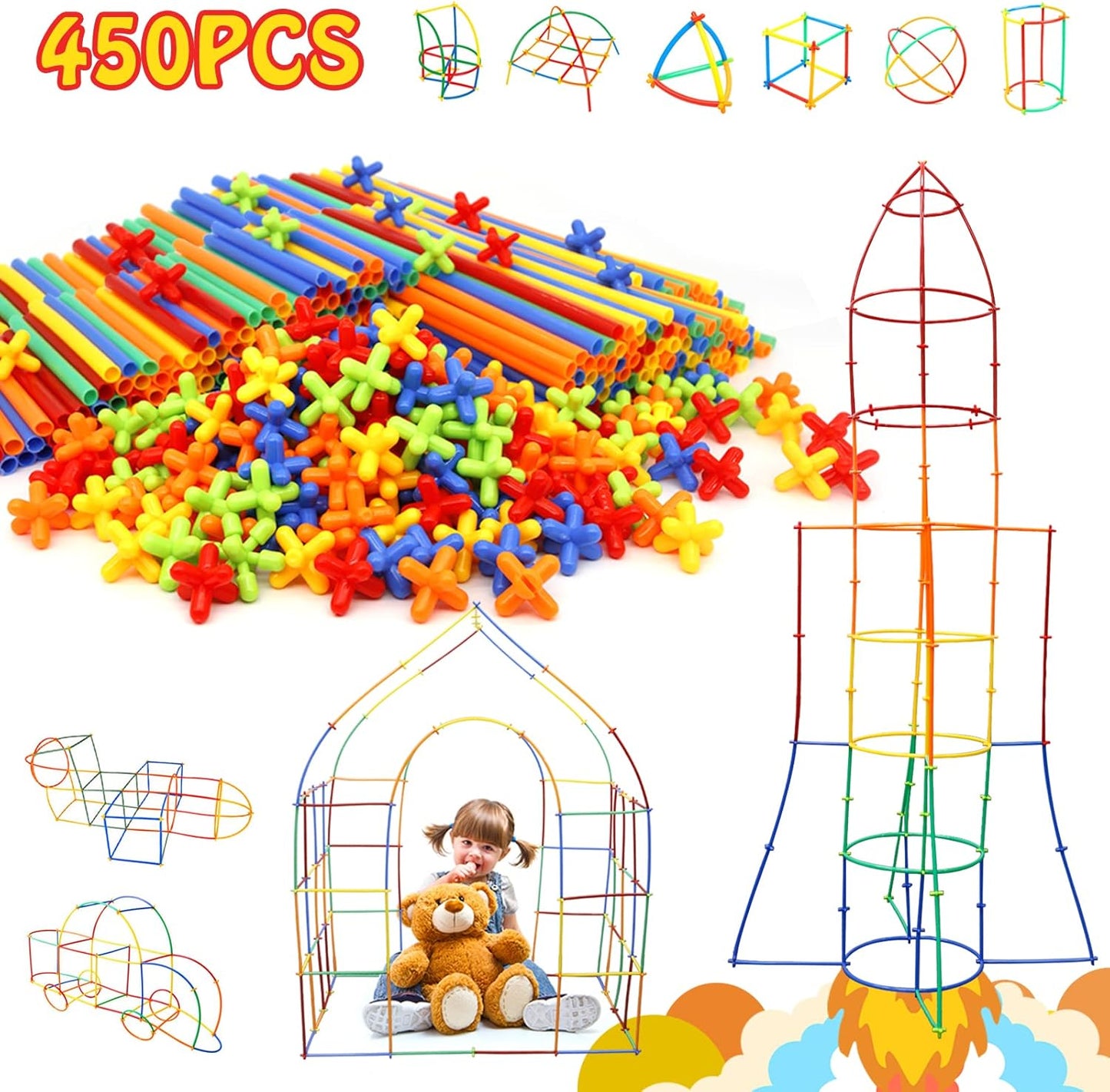Ggiibro Creative Straw STEM Building Toys 450Pcs Aged for 3-5 5-7 Preschool Kids Constructor Toy Thin Tube Toy DIY Educational Interlocking Plastic Engineering Toys Kit for Boys and Girls