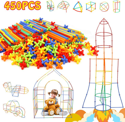 Ggiibro Creative Straw STEM Building Toys 450Pcs Aged for 3-5 5-7 Preschool Kids Constructor Toy Thin Tube Toy DIY Educational Interlocking Plastic Engineering Toys Kit for Boys and Girls