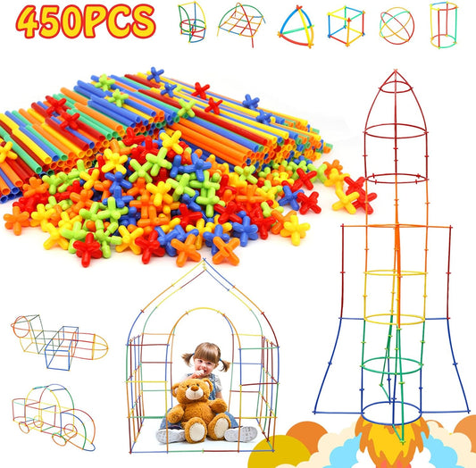 Ggiibro Creative Straw STEM Building Toys 450Pcs Aged for 3-5 5-7 Preschool Kids Constructor Toy Thin Tube Toy DIY Educational Interlocking Plastic Engineering Toys Kit for Boys and Girls