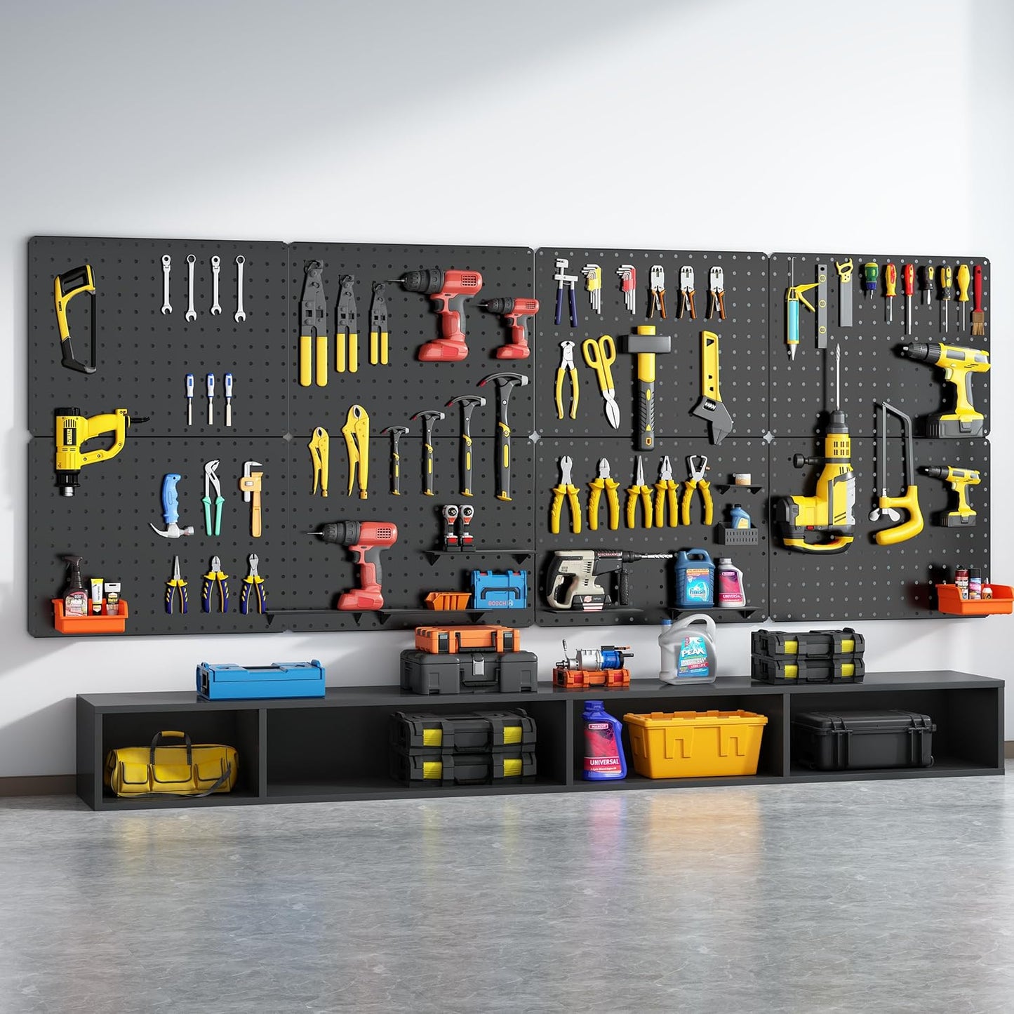 Peg Board, 112PCS Heavy Duty Metal Pegboard with Hooks, 6 Pack Black Peg Board Panels, 60lbs Load Capacity Each, Pegboard Wall Organizer for Garage, Workshop, Kitchen, Craft Rooms
