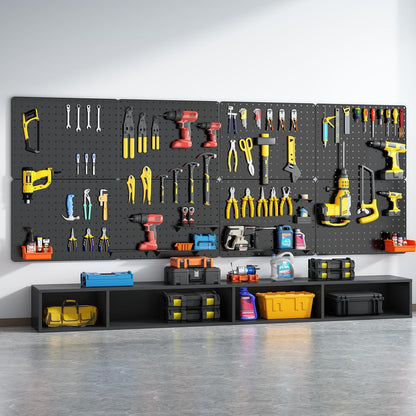 Peg Board, 112PCS Heavy Duty Metal Pegboard with Hooks, 6 Pack Black Peg Board Panels, 60lbs Load Capacity Each, Pegboard Wall Organizer for Garage, Workshop, Kitchen, Craft Rooms