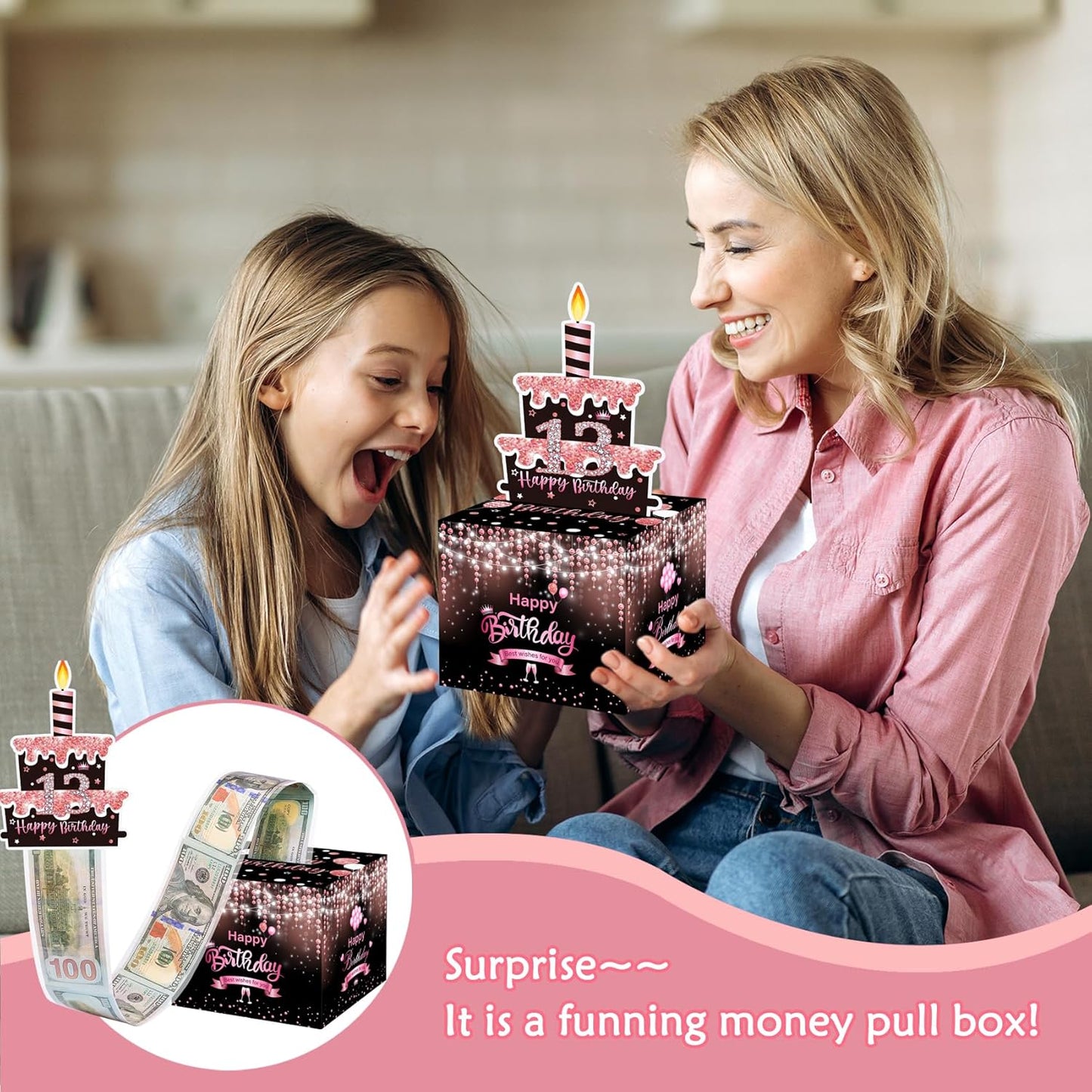Birthday Money Box for Cash Gift Pull, Surprise Gift Boxes for Money, Money Holder Box with Pull Out Happy Birthday Card and 50Pcs Transparent Bags, Money Gift Ideas for Kids and Adults