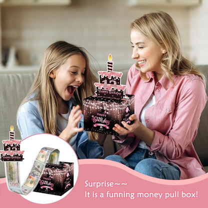 Birthday Money Box for Cash Gift Pull, Surprise Gift Boxes for Money, Money Holder Box with Pull Out Happy Birthday Card and 50Pcs Transparent Bags, Money Gift Ideas for Kids and Adults