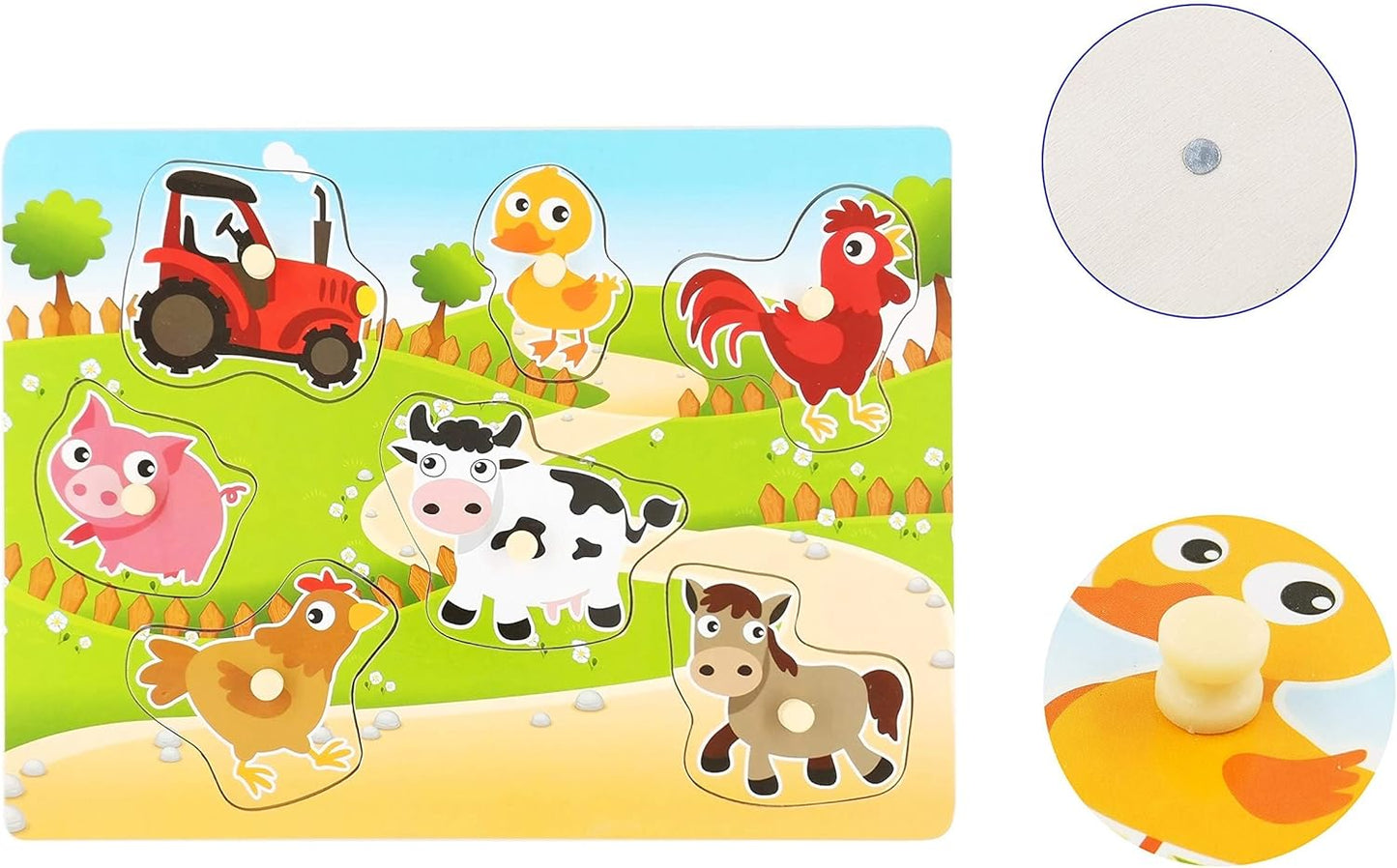 Wooden Puzzles Farm Chunky Baby Puzzles Peg Board, Full-Color Pictures for Preschool Educational Jigsaw Puzzles, 7Pieces
