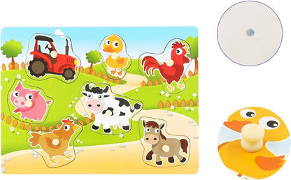 Wooden Puzzles Farm Chunky Baby Puzzles Peg Board, Full-Color Pictures for Preschool Educational Jigsaw Puzzles, 7Pieces