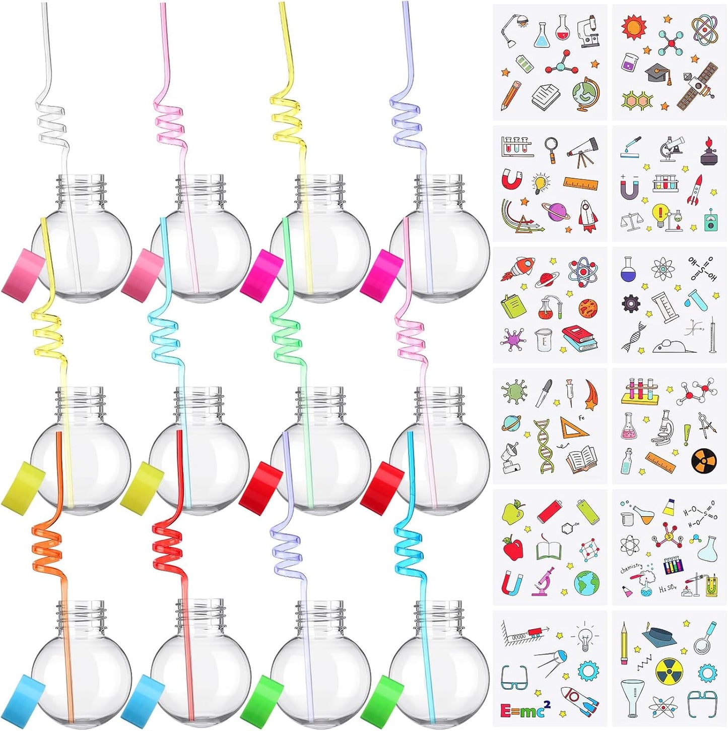 Jingmore 36 Pcs Science Party Theme Cups Set with Silly Loop Straws Science Stickers Plastic Reusable Small Conical Flask Bottles Test Tubes for Birthday Party Decorations(Spherical Bottles)