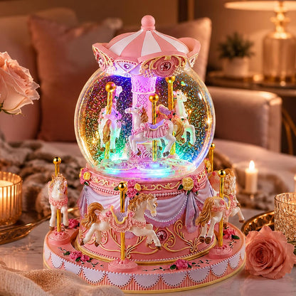Blue Carousel Snow Globe Music Box with LED Lights, Rotating Horse Merry Go Round with Glitter Snowfall, Wind Up Musical Snow Globe Plays Over the Rainbow, Gift for Daughter Granddaughter Women