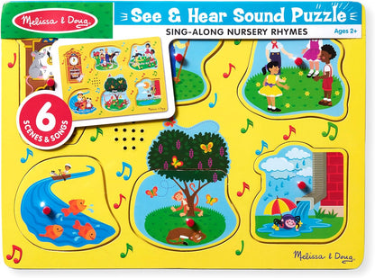 Melissa & Doug Sing-Along Nursery Rhymes Sound Puzzle -Yellow - Wooden Peg Puzzle (8 pcs)