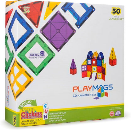 Playmags Magnetic Tiles for Kids 100-Piece Set, STEM Educational Building Blocks Toys for Kids, Includes Click-in ABC Learning Tiles, Gift for Boys & Girls, Add on Magnetic Figures, Car Set Available