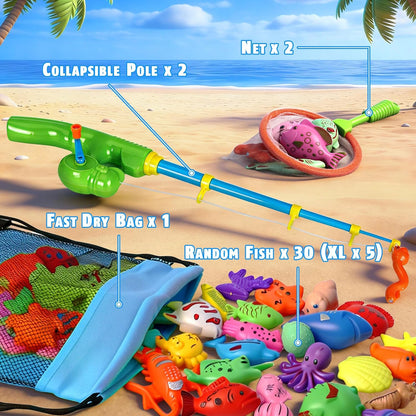 CozyBomB™ Magnetic Fishing Toys Game Set for Kids | Water Table Bathtub Kiddie Pool Party Pole Rod Net, Outdoor Plastic Floating Fish, Toddler Bath Color Ocean Sea Animals Birthday Gift Age 3-5 6 4-8