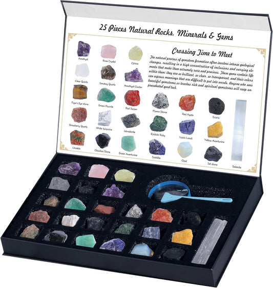 Rock Collection for Kids, 25PCS Crystal Gem Mineral Collection Set Box Gift for Boys and Girls, Natural Gemstone with Learning Guide Education Set