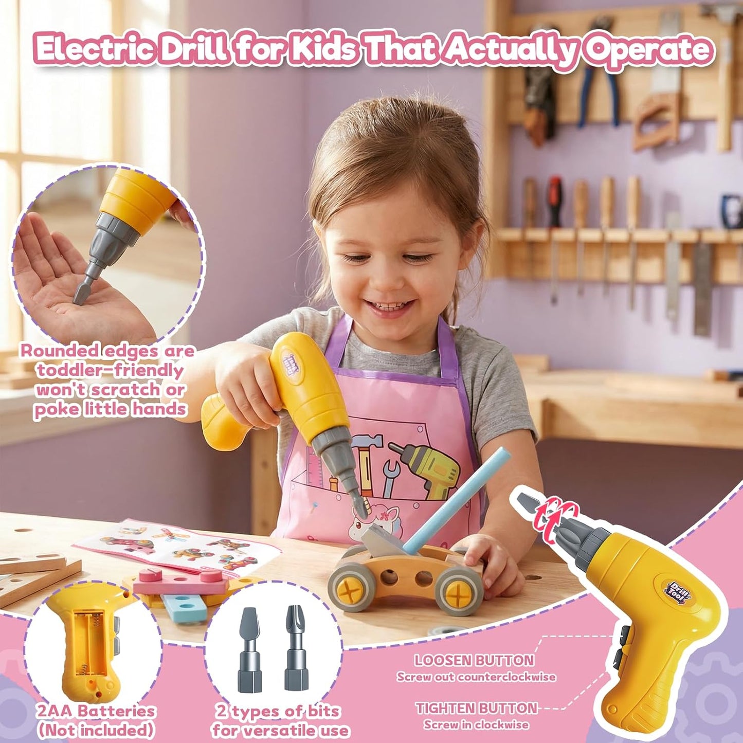 TONZE Wooden Kids Tool Set with Drill 44Pcs Montessori Toys for 3 Year Old Girl, Educational STEM Toys Toddler Tool Set with Apron & Box Birthday Gifts for 3 4 5 6 Year Old Girls（Pink ）