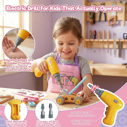 TONZE Wooden Kids Tool Set with Drill 44Pcs Montessori Toys for 3 Year Old Girl, Educational STEM Toys Toddler Tool Set with Apron & Box Birthday Gifts for 3 4 5 6 Year Old Girls（Pink ）
