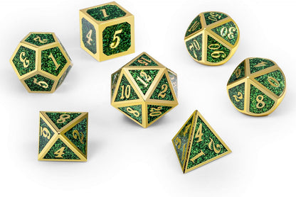 DnDnD Heavy Polyhedral Metal Dice Set with Metal Box, 7-die Shiny Blue Surface with Golden Number for RPG,Dungeons and Dragons,Pathfinder,Shadowrun,D&D,Role Palying Game and Math Teaching - Colors B