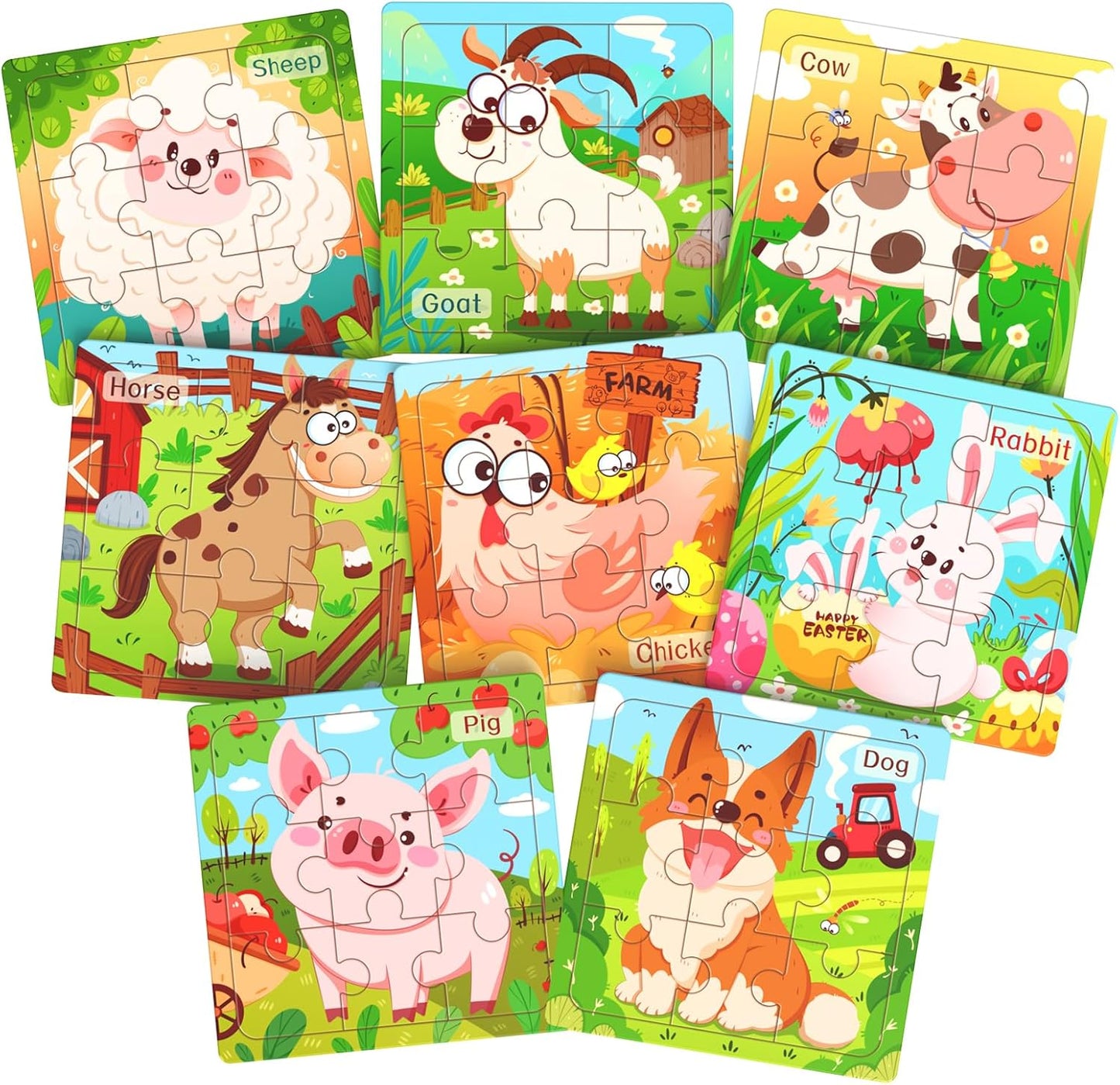 Zeoddler Wooden Puzzles for Toddlers, 8 Pack Farm Animal Jigsaw Puzzles for Kids3-5, 9 Pieces Preschool Learning Activities, Learning & Educational Toys, Gift for Boys, Girls
