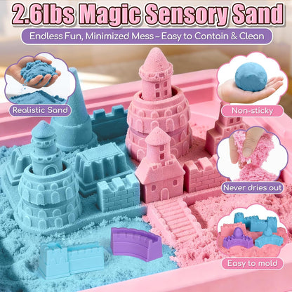 Lehoo Castle Sensory Table with Sensory Sand, Indoor Sensory Bin with Lid & 2.6lbs Play Sand, Construction Kit with 6 Alloy Trucks & Castle Molds, Sensory Toys for Toddler Boys and Girls