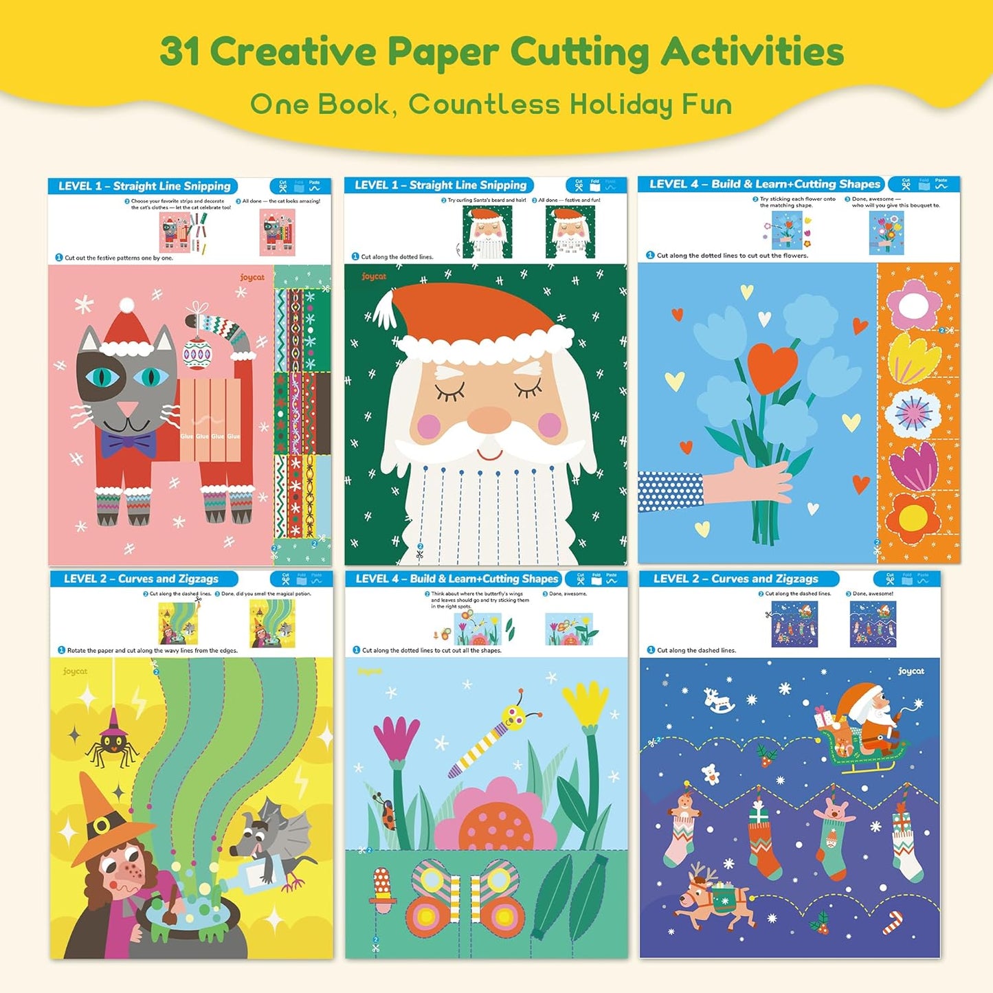 Toddler Scissor Skills Activity Book, 4 Progressive Levels to Learn Cutting for Kids Ages 3-6, 31 Fun Crafts with Child-Safe Scissors, Develop Fine Motor Skills, Ideal Christmas Gift & Arts and Crafts