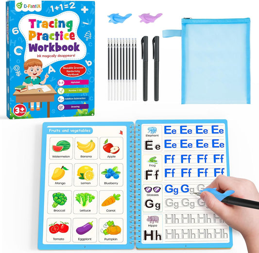 D-FantiX Magic Grooved Writing Practice for Kids Age 3-5, Reusable Grooved Handwriting Practice for Kids 5-7, Learn to Write Letter Tracing Books for Kids Kindergarten Preschool Learning Activities