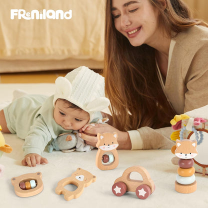 FReniland Wooden Montessori Baby Toys Set, 5-Piece Newborn Gift Set with Koala Rattle, Fox Stacking Rings & Push-Pull Toy for Boys and Girls
