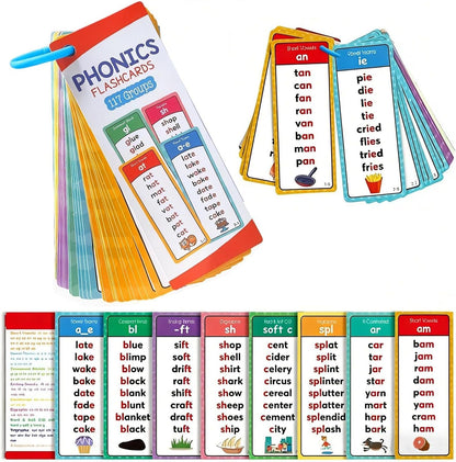 60 Pcs Phonics Flash Cards, 117 Sound Groups & 900+ Rhyming Words, Preschool English Learning Cards for Kids, Dyslexia Tools for Homeschool, Fun Phonics Games for Kindergarten 1st 2nd Grade