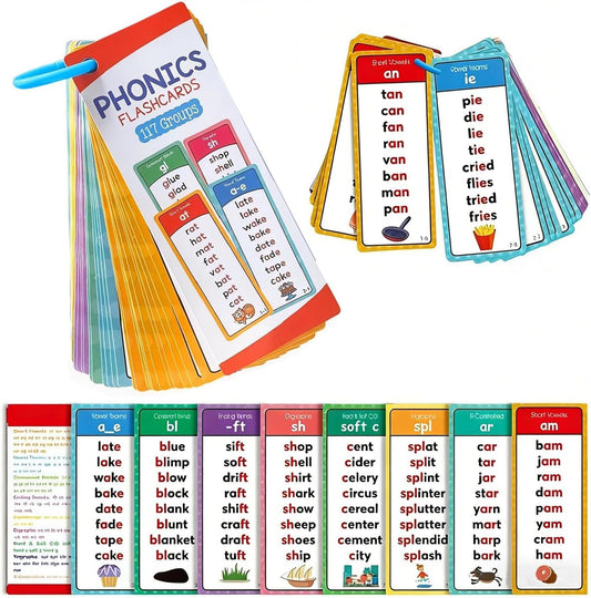 60 Pcs Phonics Flash Cards, 117 Sound Groups & 900+ Rhyming Words, Preschool English Learning Cards for Kids, Dyslexia Tools for Homeschool, Fun Phonics Games for Kindergarten 1st 2nd Grade