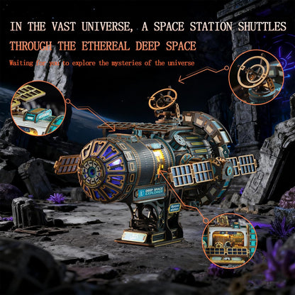 3D Wooden Puzzles for Adults - Space Station Mechanical Model Kit with Lights & Music, 511PCS Adult Wooden Puzzles, DIY Building Toy for Teen & Adults, Miniature House Kit for Birthday Father's Day