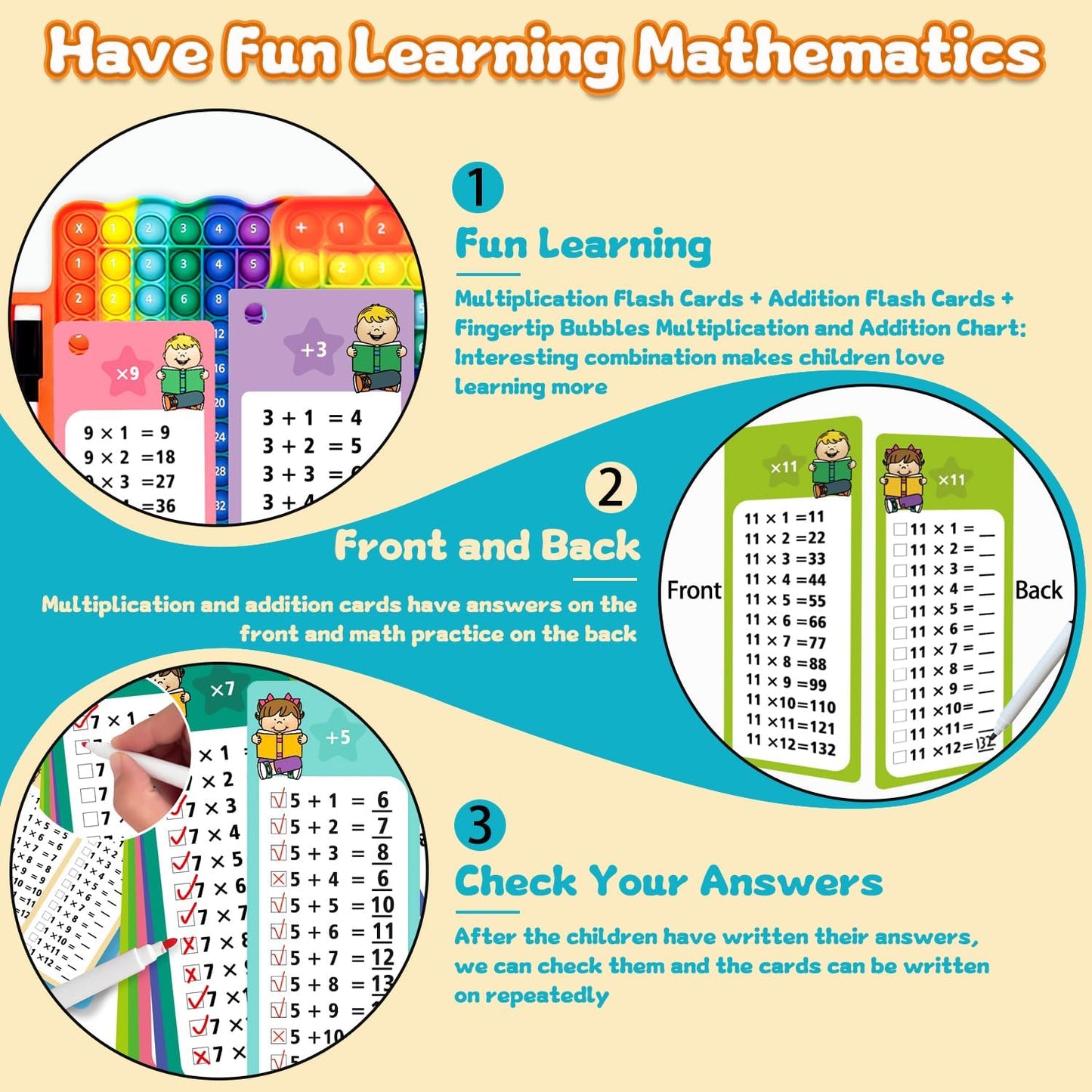 Addition Flash Cards+Multiplication Flash Cards + Fingertip Bubbles Toy, Interesting Math Combination, Math Games for Children Aged 3 +