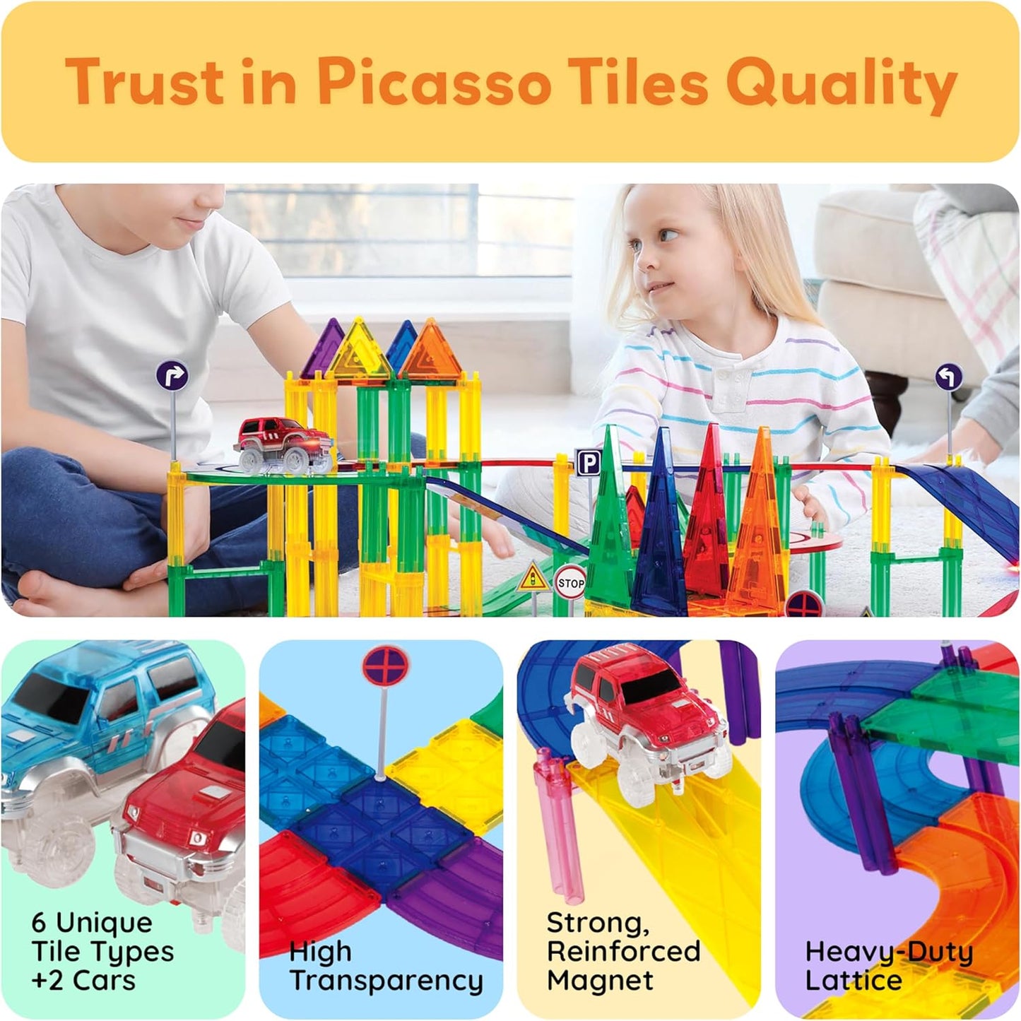 PicassoTiles 121pc Magnetic Tile Race Track Marble Run Magnet Tiles 3-in-1 Playset Car Racing Construction Set STEM Learning Early Education Building Toy Cars for School Toddlers Boys Girls Ages 3+