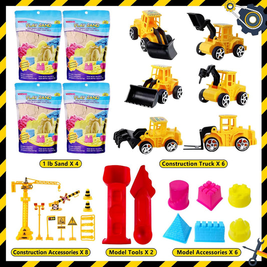 ESSENSON Construction Sensory Bin - Play Sand Kit with Toy Truck and 4lbs Magical Sand, Pretend Play Beach Sensory Toy Sandbox, Kids Gifts for Girls and Boys