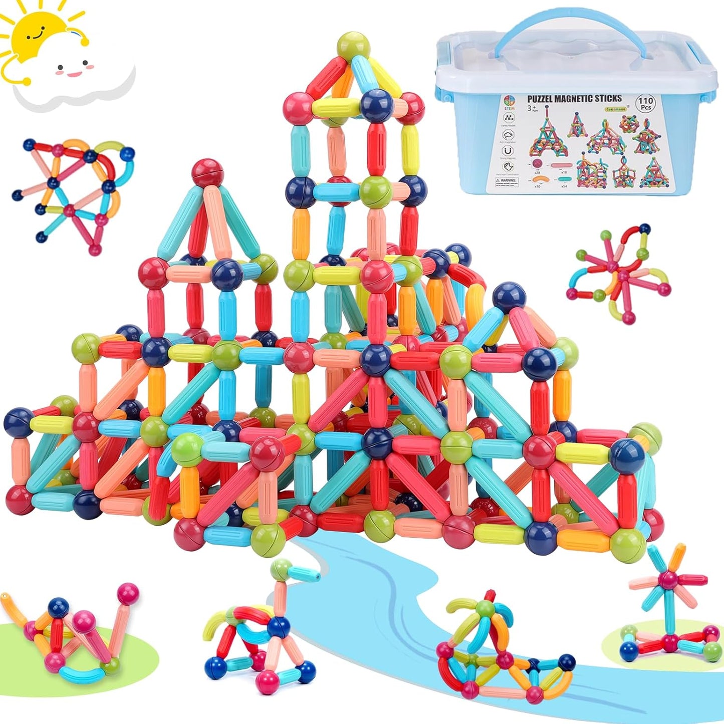 COUOMOXA Magnetic Toy Montessori for Kids: 3 4 5 6 7 8 9 10 11 12 Years Old Kids Building Sticks - Magnetic Creative Toy Age 3-12 Playroom Family - Christmas Birthday Gift for Boys Girls