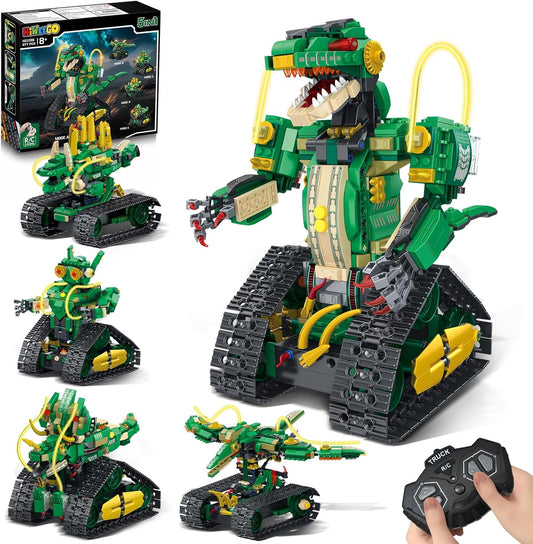 HiWEEGO RC Dinosaur Building Toy with Light, 5 in 1 Remote Controll Building Block Kit, 877 PCS Tech Rechargeable Dinosaur Robot Toys Easter Birthday for Kids Boys Age 8 9 10 11 12+