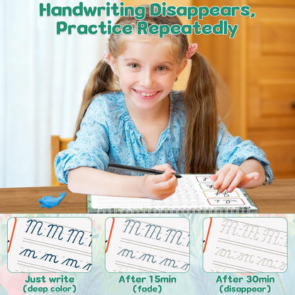 chiazllta 4 Pack Grooved Cursive Handwriting Practice Kit with Disappearing Ink Pens Magic Reusable Grooved Cursive Writing Workbooks Copybook for Beginners Kids (Words&Sentence&Reading&Letters)