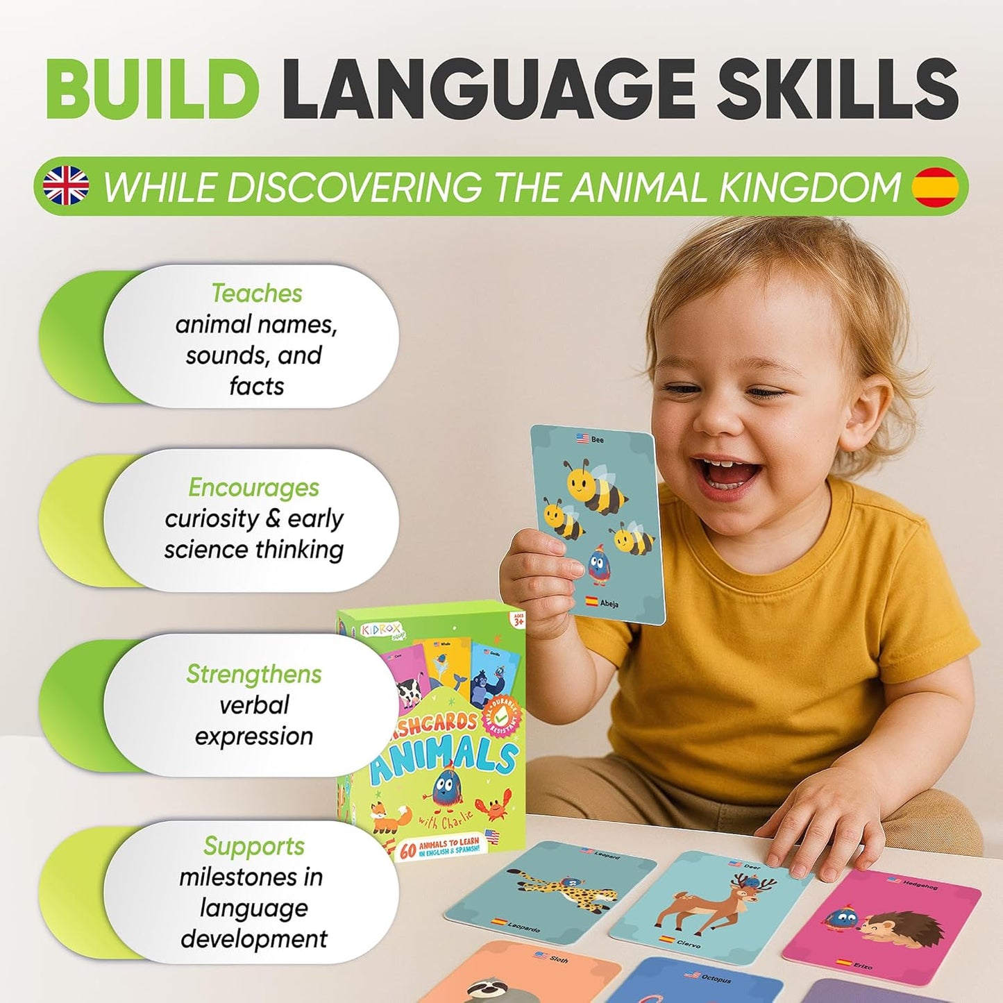 Kidrox Squad Alphabet Flashcards for Kids – 26 Slide-Reveal Cards in English & Spanish | Magic Pull-Tab Bilingual Learning Game for Toddlers & Preschoolers Age 3+