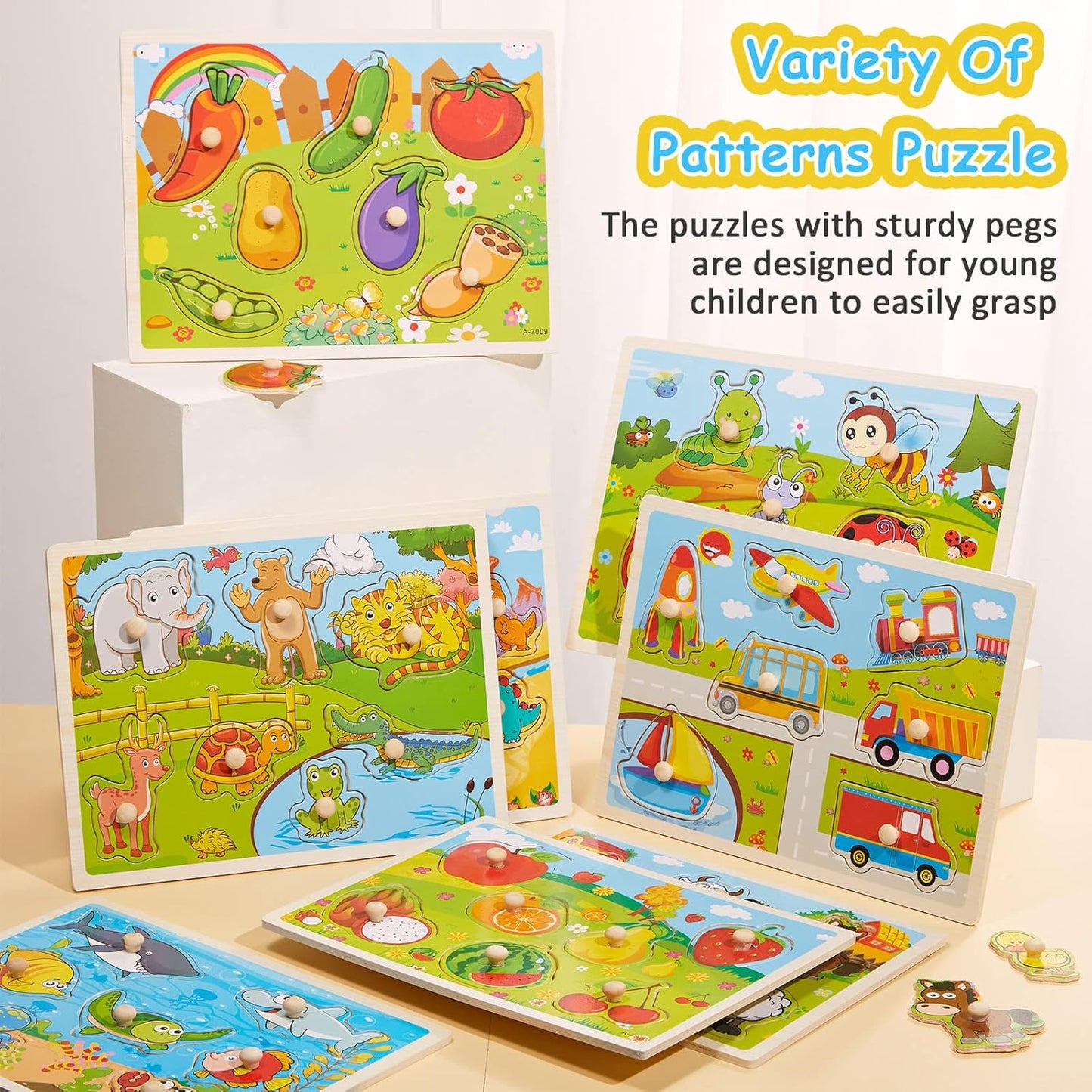 Chivao 8 Pack Wooden Peg Puzzles for Toddlers 2 3 4 5 Years Old Wood Peg Puzzle Animals Wood Jigsaw Puzzles with Animal Vehicle Fruit Shapes, Learning Educational Toy Kids Puzzle for Girls and Boys