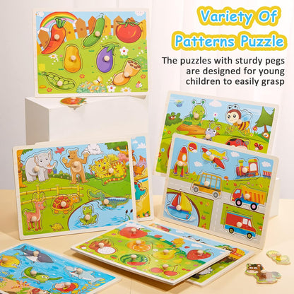 Chivao 8 Pack Wooden Peg Puzzles for Toddlers 2 3 4 5 Years Old Wood Peg Puzzle Animals Wood Jigsaw Puzzles with Animal Vehicle Fruit Shapes, Learning Educational Toy Kids Puzzle for Girls and Boys