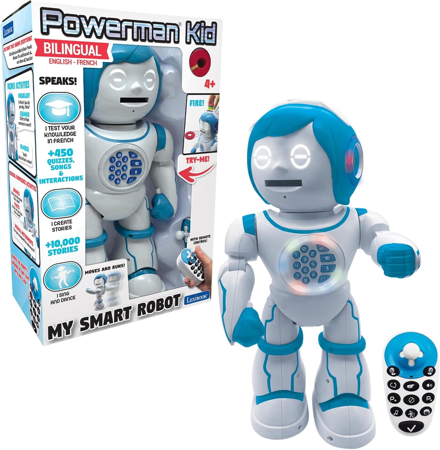 LEXiBOOK, Powerman Neo, My Robot Full of Technology, Remote Control and Gesture Control, Educational Activities in English, Programmable, Music and Dance, Sound and Light Effects, Blue/White, ROB18EN