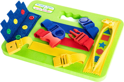 Buckle Toys Mini Busy Board - Montessori Learning Toy for Toddlers Great Kids Airplane Activies - Foam Sensory Board - Develop Fine Motor Skills - Green