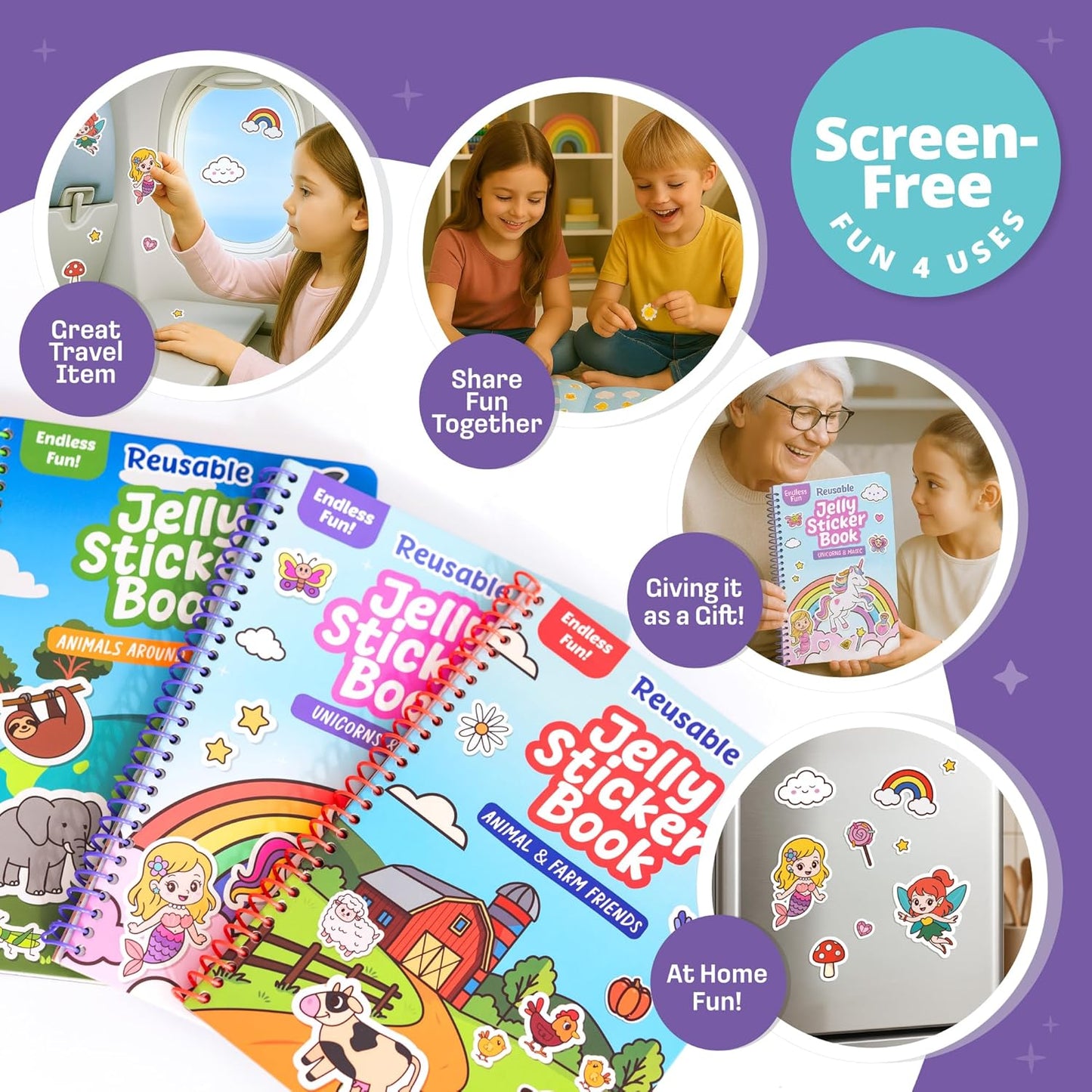 Reusable Jelly Sticker Book - Farm, 7 Scenes - 50 Thick Washable Stickers for Toddlers & Kids: Animals Stickers for Kids, Gift for Ages 3-5 Years Old - Toddler Travel Toys 2-4, Road Trip Activities