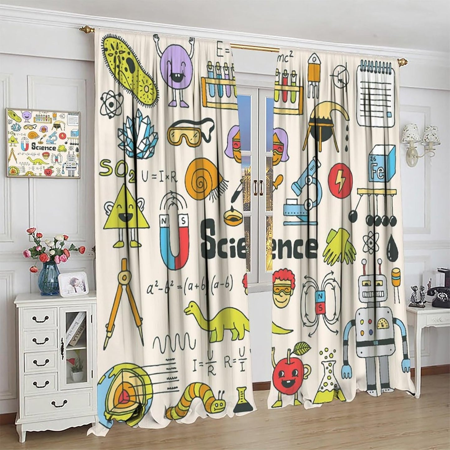 Science Physics Window Curtains, Abstract Math Chemistry Curtain Scientist Graffiti Print Window Treatments for Kids Teens Bedroom Living Room Kitchen Set 2 Panels,42x63 Inches