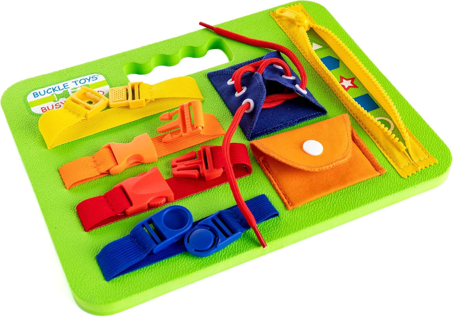 Buckle Toys Busy Board - Montessori Learning Toy for Toddlers Road Trip Essentials - Foam Sensory Board - Develop Fine Motor Skills - Green