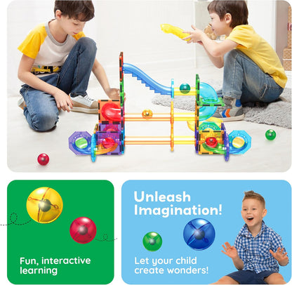 PicassoTiles 70pc Marble Run Magnetic Tiles STEM Set for Kids Ages 3 and Older Magnet Tile Marbles Maze Building Blocks Brain Development Toy Preschool Educational Learning Construction Playset PTG70