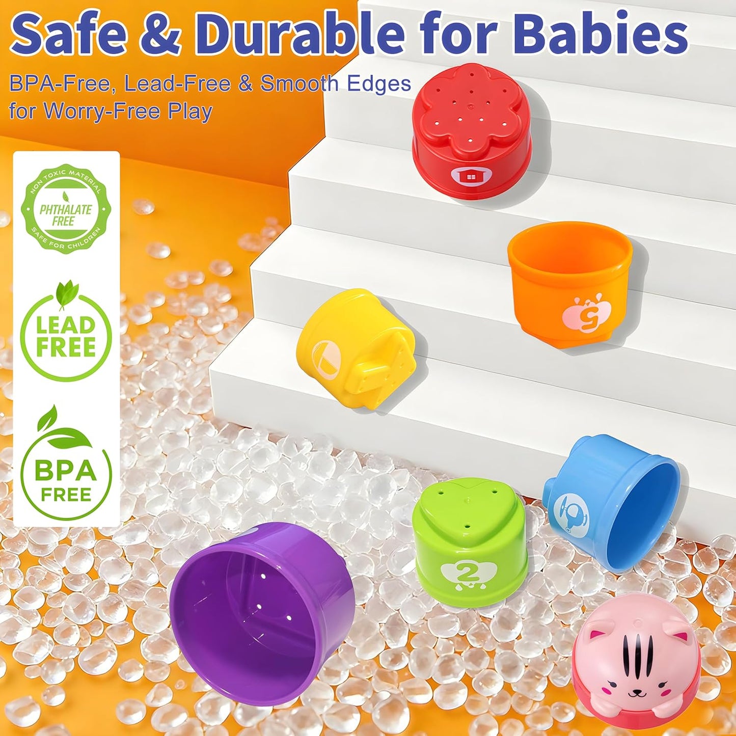 WEEJOYGAM Baby Stacking Cups, Nesting Stacking Toys for Toddlers 1-3 with Light and Sound, Montessori Toys for 1 Year Old Babies 6-12 12-18 Months Easter Gift Color Stack Bath Beach Blocks Rainbow Set