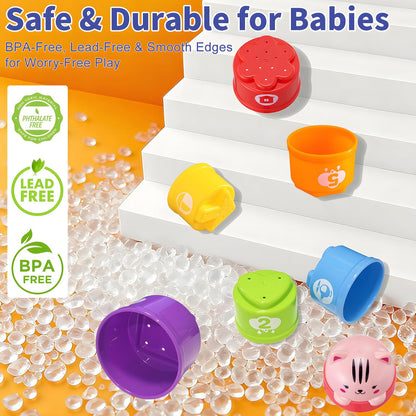 WEEJOYGAM Baby Stacking Cups, Nesting Stacking Toys for Toddlers 1-3 with Light and Sound, Montessori Toys for 1 Year Old Babies 6-12 12-18 Months Easter Gift Color Stack Bath Beach Blocks Rainbow Set