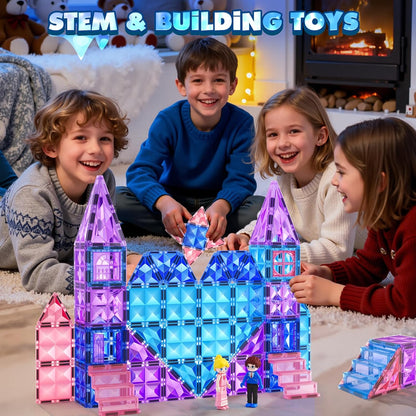 Magnetic Tiles 102pcs with 2 Stairs 2 Dolls Princess Castle Building Girls Toys Age 4-5 6-8 Magnetic Blocks Birthday Xmas Gifts for Girls Toys for 3 4 5 6 7 8+ Year Old
